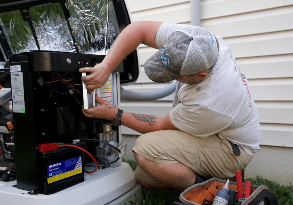 Technician performing oil filter maintenance on a Generac generator to ensure optimal performance 