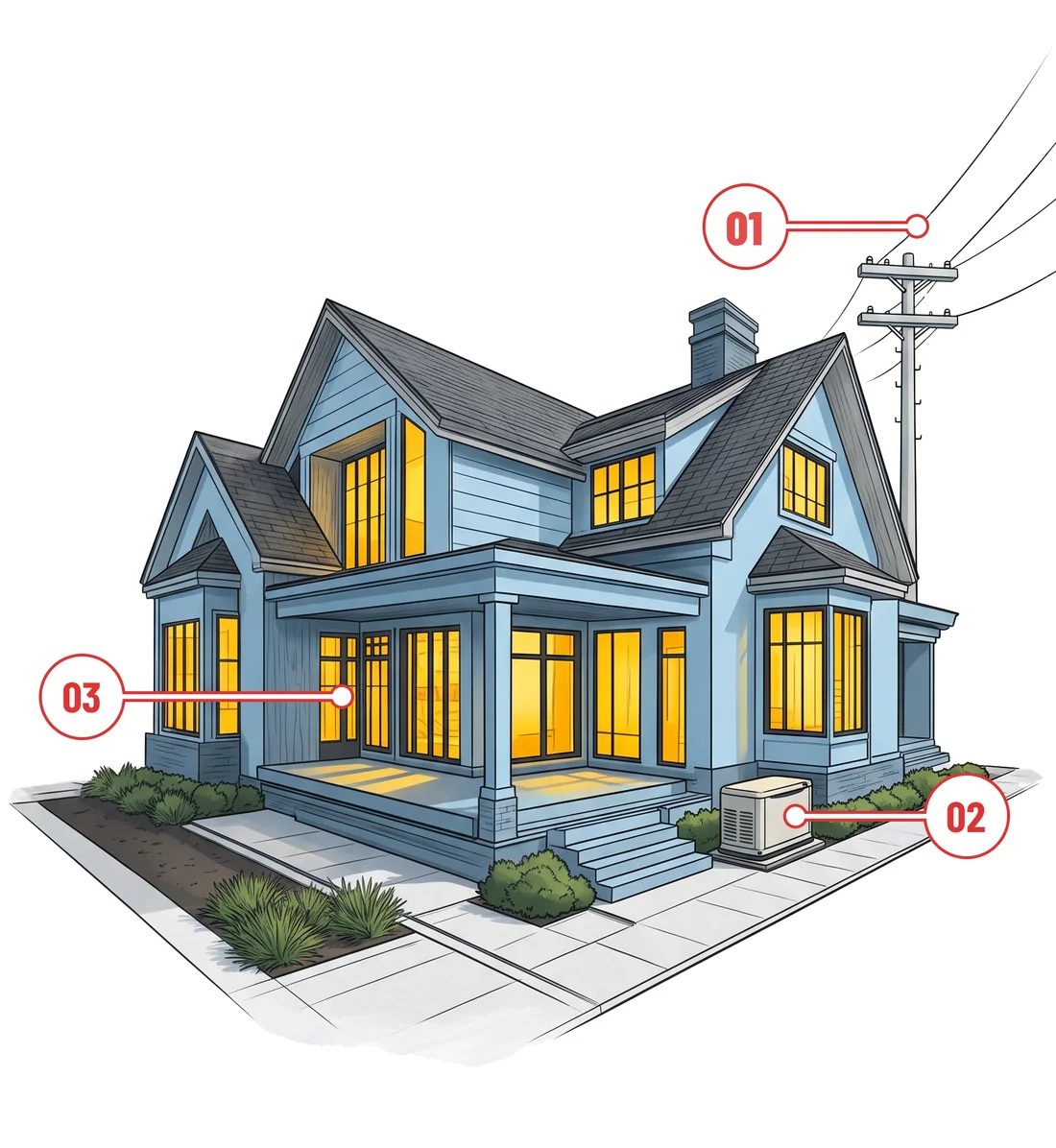 Illustrated home with its windows lit, marked 01 at the power lines, 02 at the standby generator and 03 at the windows