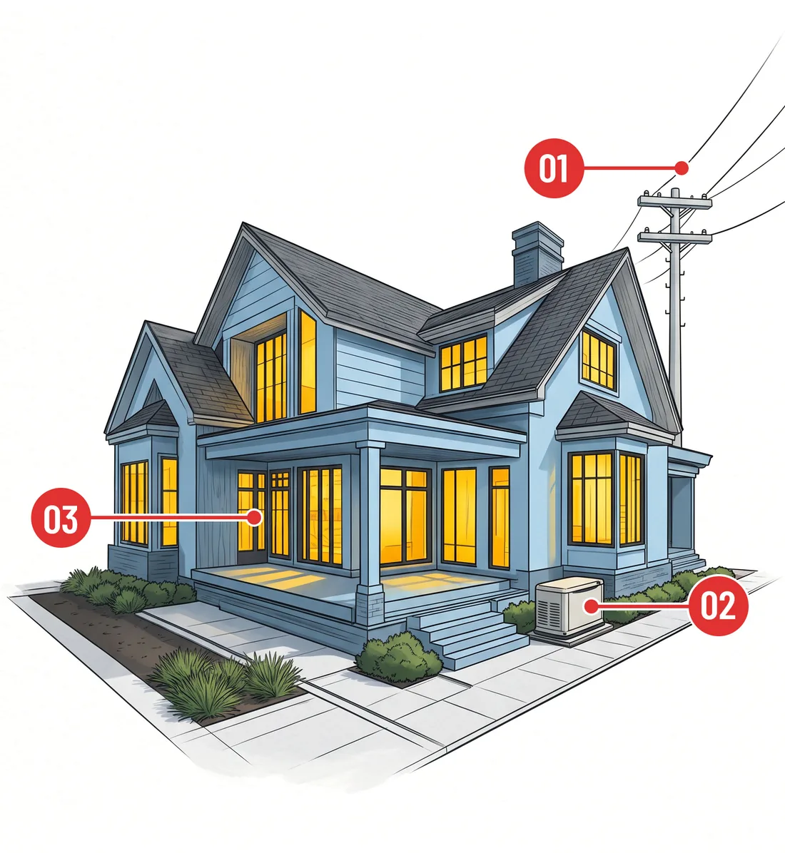 Illustrated home with its windows lit, marked 01 at the power lines, 02 at the standby generator and 03 at the windows