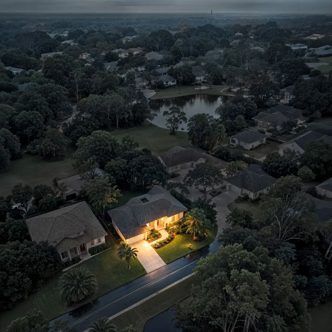 Aerial view of a dark neighborhood at dusk with one home fully lit