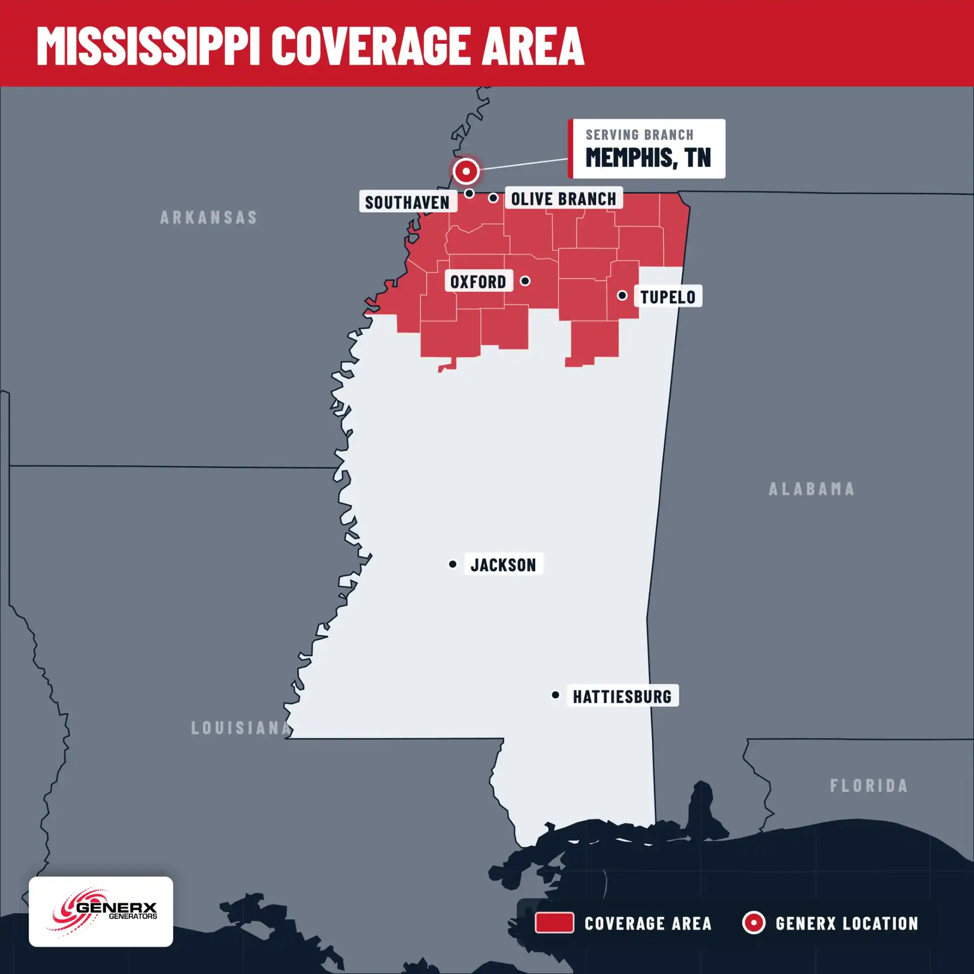 Mississippi coverage map: the northern counties, from Southaven and Olive Branch to Oxford and Tupelo, served from Memphis, TN.